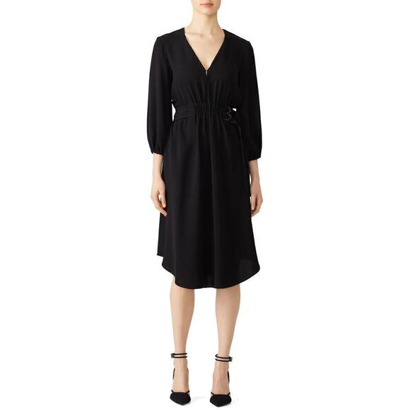 Shoshanna Waldorf Dress Cinched Waist Long Sleeve V-Neck Knee Length Black 4 - Picture 3 of 13